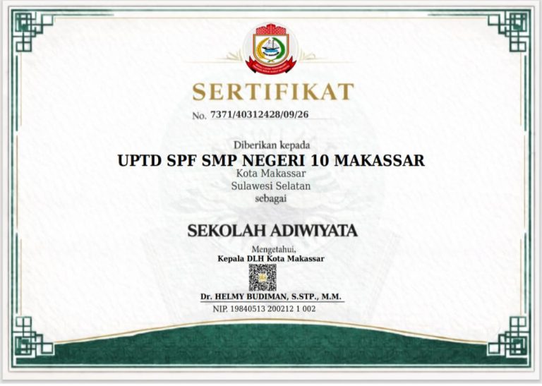 Komitmen Nyata Peduli Lingkungan, SMPN 10 Terima Sertifikat Adiwiyata dari DLH Kota Makassar